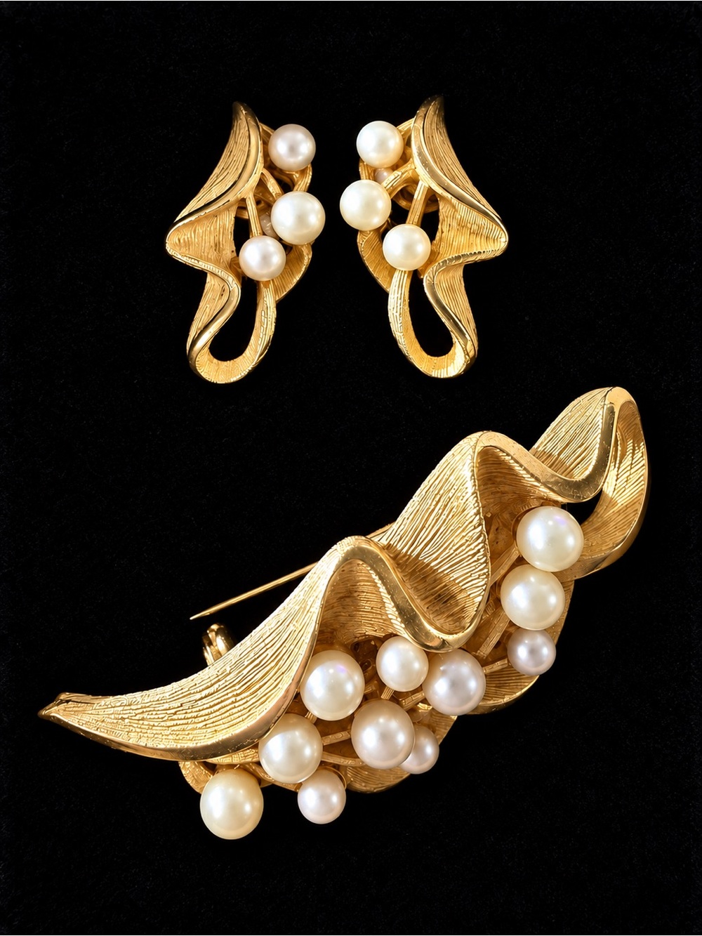 Vintage Gold Pearl Accent Clip-On Earrings and Brooch